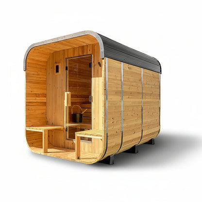 Backyard Discovery Lennon 4-6 Person Traditional Cedar Outdoor Cube Sauna with Porch, Electric Sauna Heater, Sauna Rocks, Dry Heat, Steam Sauna, LED Lights, Wi-Fi Control, Sauna Accessories