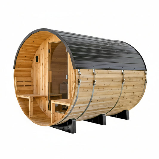 Backyard Discovery Paxton 4-6 Person Traditional Cedar Outdoor Barrel Sauna with Electric Sauna Heater, Front Porch, Sauna Rocks, Dry Heat, Steam Sauna, LED Lights, Wi-Fi Panel, Sauna Accessories